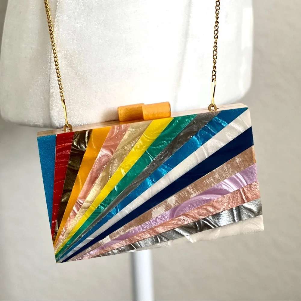 Wood Acrylic Inlay Box Purse Clutch Rainbow Sunburst Design Gold Chain Strap - Picture 1 of 7